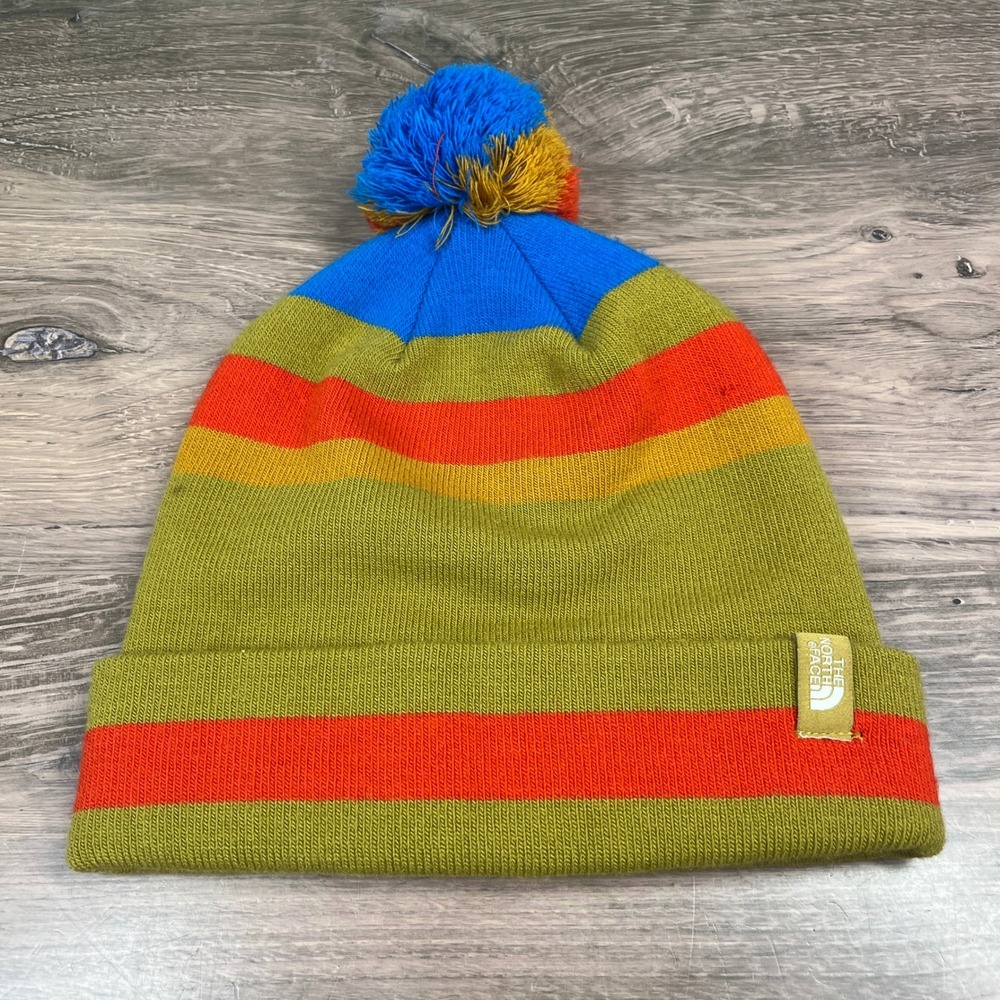 The North Face Ski Tuke V Beanie Bronze Mist Striped Pom Pom Cuffed Hat